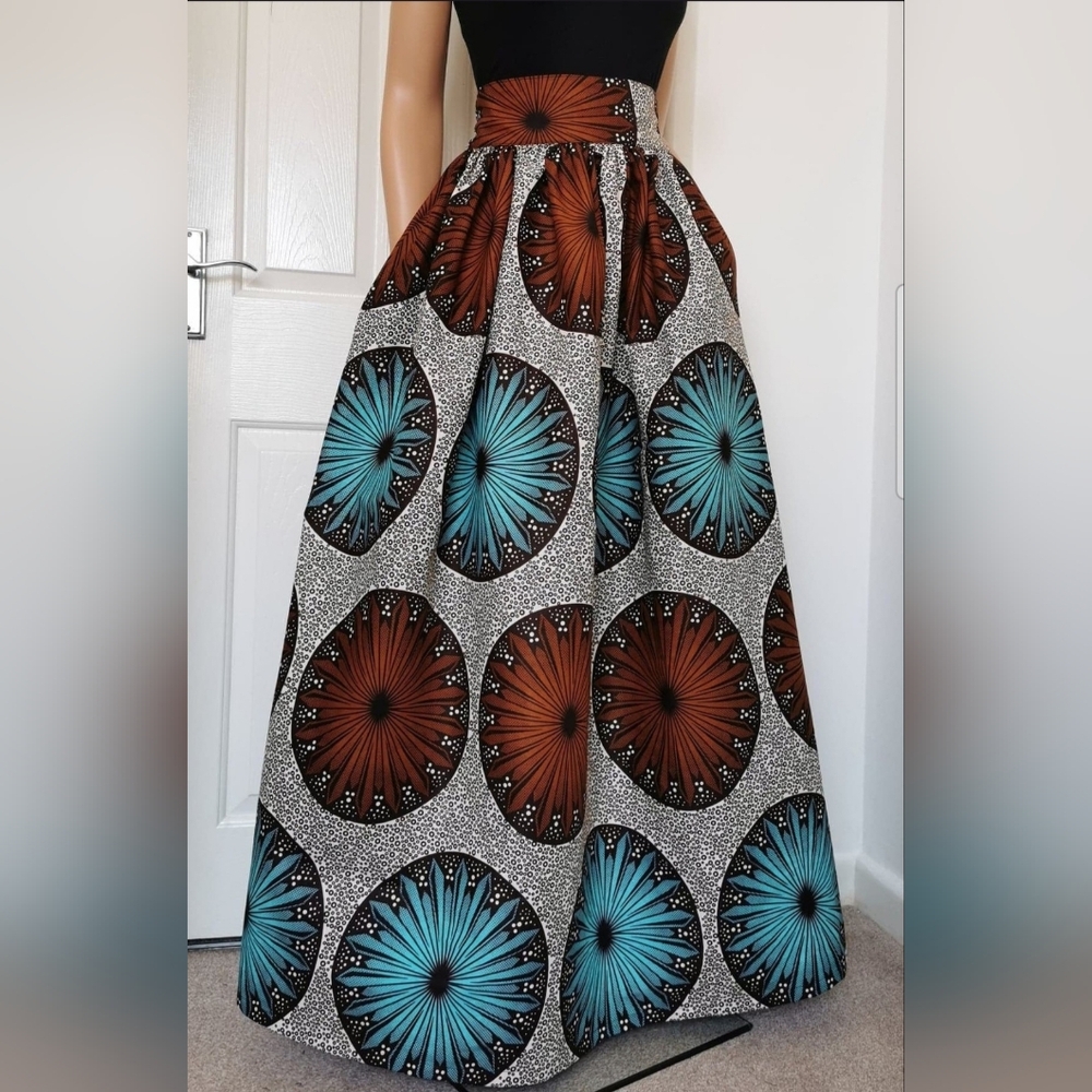 JOLENE African Print Full Length/Maxi Skirt 100% Wax Cotton With Pockets